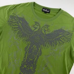 Culture Graphic T-Shirt Mens Large Green Double Headed Eagle Rhinestone Y2K Tee
